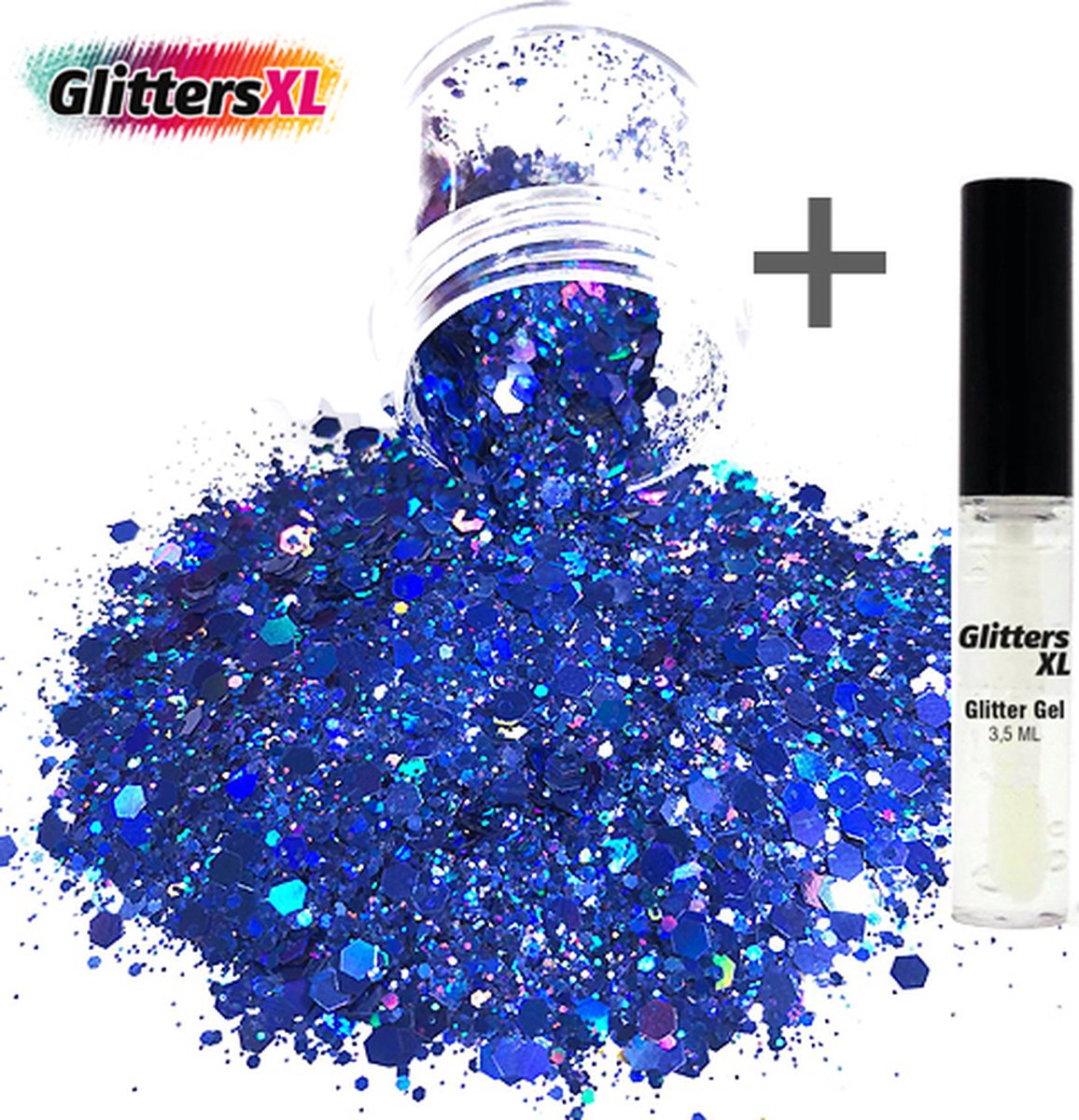 GlittersXL - Chunky Glitters (Blauw) + Glitter Huid Lijm [Volume 8g - Festival Jewels Glitter Outfit Lichaam en Gezicht - Make-up Diamond Dots Face Body - Diamantjes Strass Steentjes - Kinderen Volwassenen Dames Makeup Tattoo Mastix Schmink]